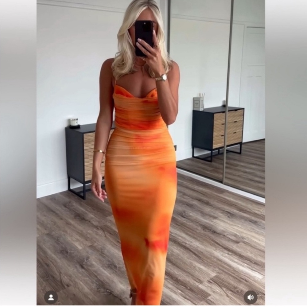 ZARA NEW WOMAN  ORANGES PRINTED DRAPED TULLE DRESS